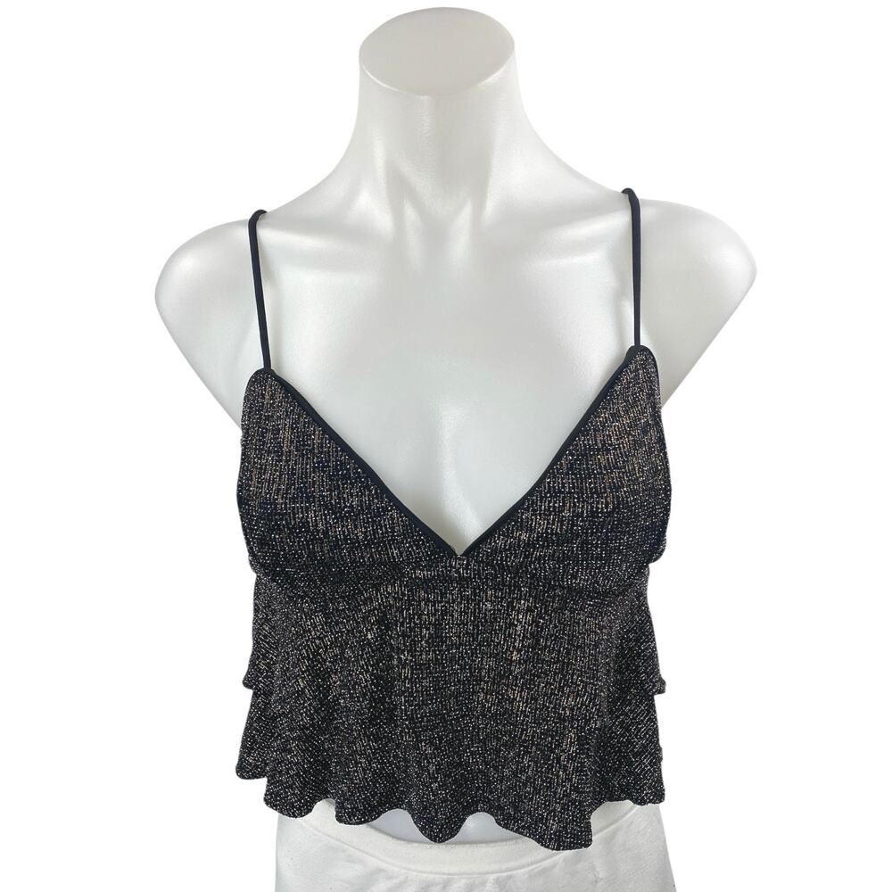 Dress Forum Black Metallic Sleeveless Cami Camisole Peplum Crop Tank Top Size S